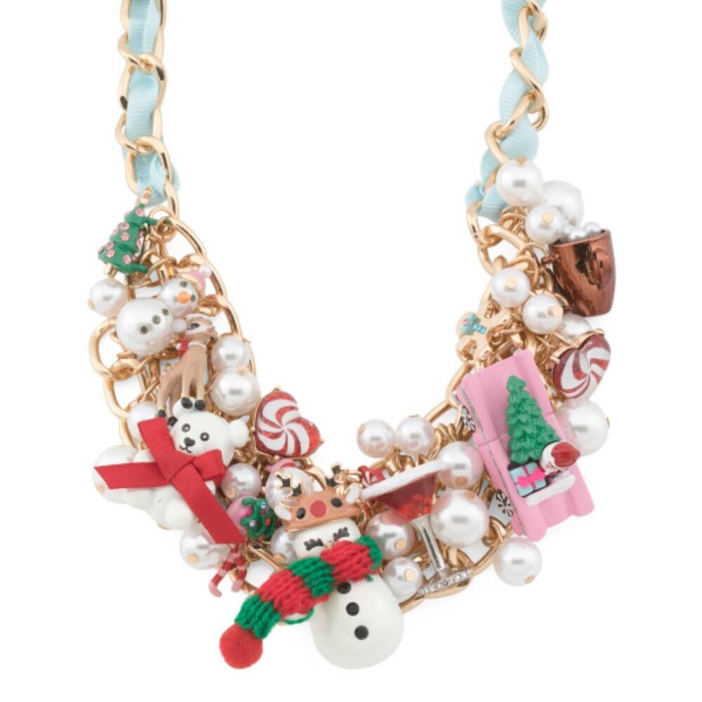 NWT BETSEY JOHNSON Blue Ribbon Christmas Bauble Bib Necklace Santa Snowman Cocoa